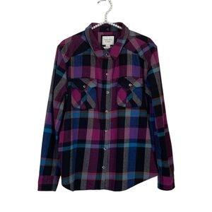 Forever 21 Large Cotton Multicolor Plaid Button Up Flannel Shirt Without Hood